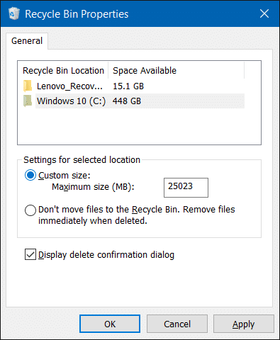 Deshabilitar la papelera de reciclaje en Windows 10 paso 2