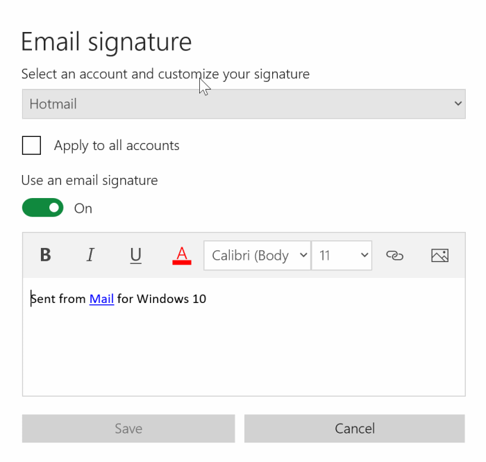eliminar la firma de la aplicación de correo de Windows 10