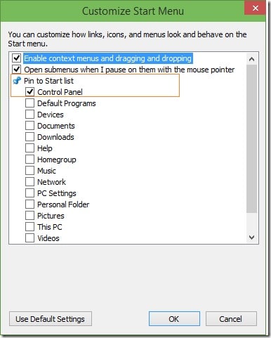 Agregue el Panel de control al menú Inicio en Windows 10 paso 8