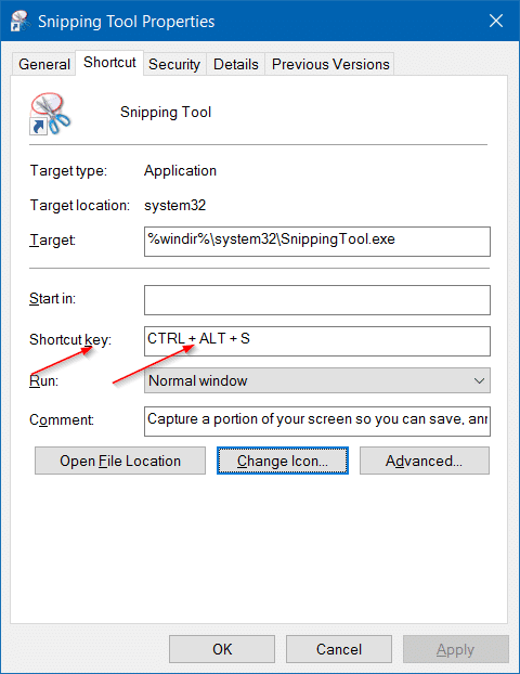 método abreviado de teclado para la herramienta Recortes en Windows 10, paso 3