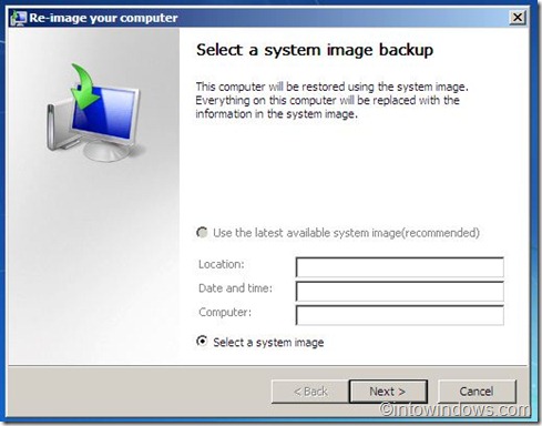 opción de copia de seguridad de la imagen del sistema