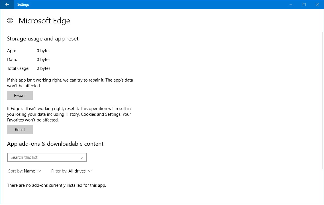 Opciones de restauración y reparación de Microsoft Edge