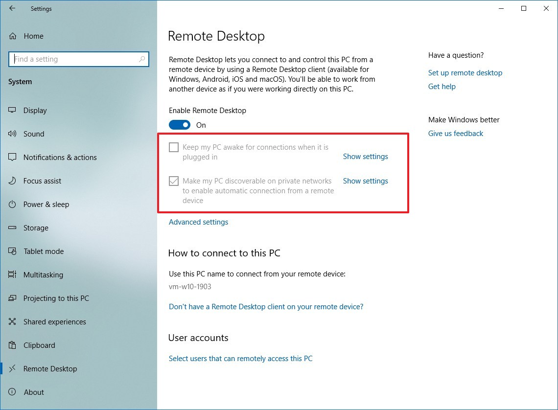 Configuración de escritorio remoto de Windows 10