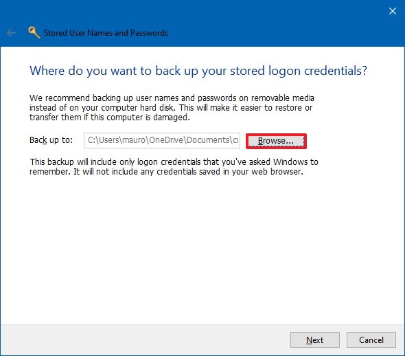 Ubicación de la copia de seguridad del archivo .crd de credenciales de Windows