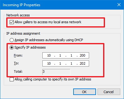 Propiedades de IP entrante para acceso VPN