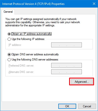 Propiedades de TCP / IP de la conexión VPN en Windows 10