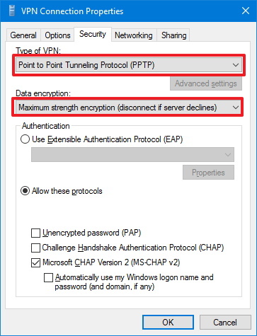 Opciones de seguridad de la conexión VPN en Windows 10