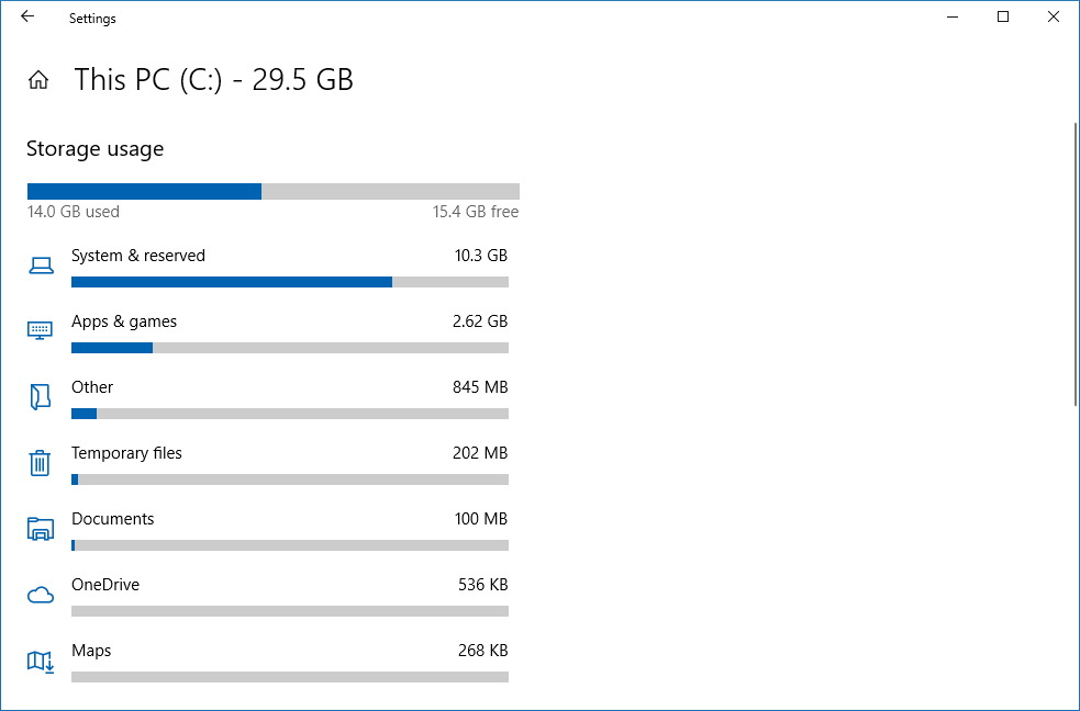 Configuración de uso de almacenamiento de Windows 10