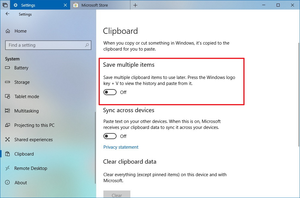 Borre completamente el historial de dipobard en Windows 10 versión 1809