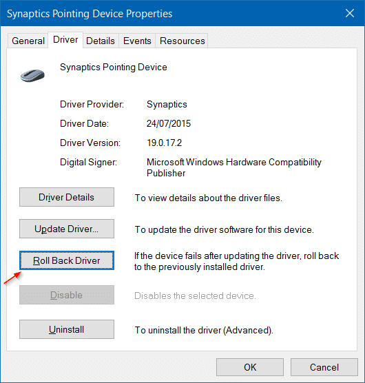 Retroceder o retroceder a la versión anterior de un controlador en Windows 10 paso 4