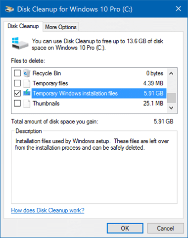 eliminar archivos temporales de instalación de Windows en Windows 10 paso 4