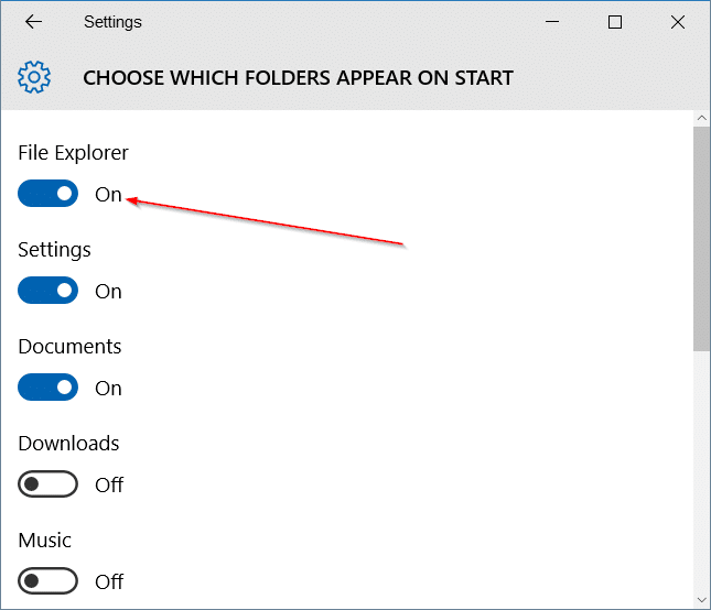 Falta el Explorador de archivos en el menú Inicio en Windows 10, paso 3