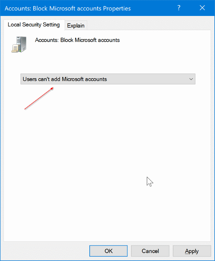 deshabilitar o bloquear cuentas de Microsoft en Windows 10 pic2