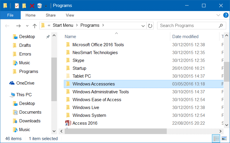 Falta la carpeta de accesorios en Windows 10 paso 3