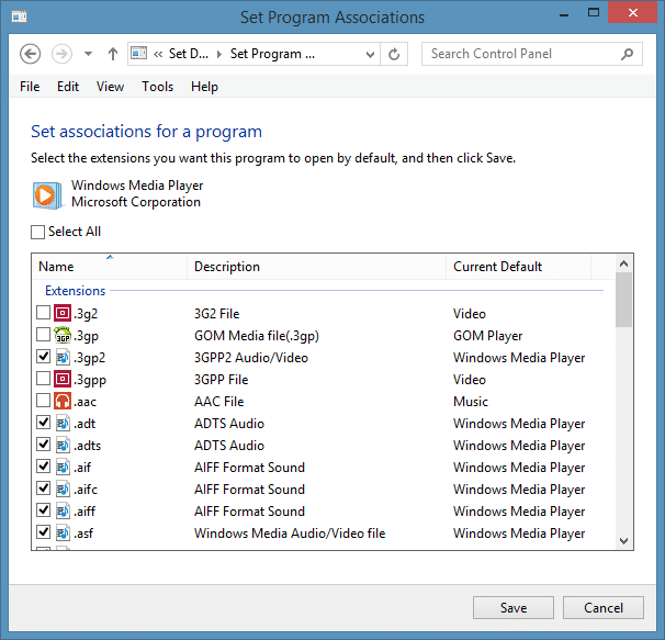 Configure Windows Media Player como el reproductor de audio predeterminado en Windows 8.1 Paso 5