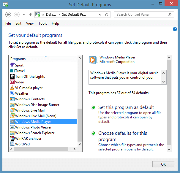 Configure Windows Media Player como el reproductor de audio predeterminado en Windows 8.1 Paso 4