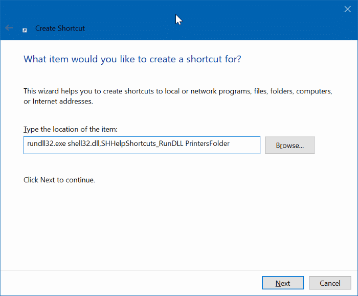 crear acceso directo en el escritorio para la carpeta de la impresora en Windows 10 pic2