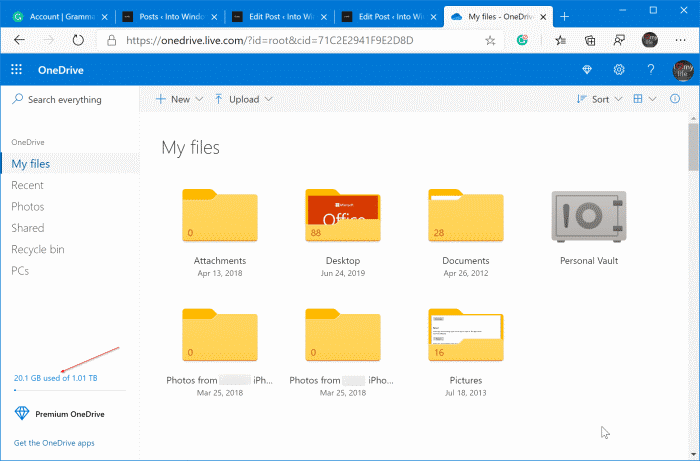 comprobar el uso de almacenamiento de onedrive en Windows 10 pic3