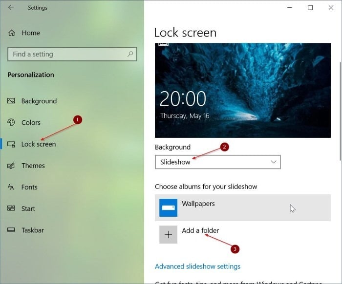 establecer presentación de diapositivas de pantalla de bloqueo con imágenes personalizadas en Windows 10 pic1