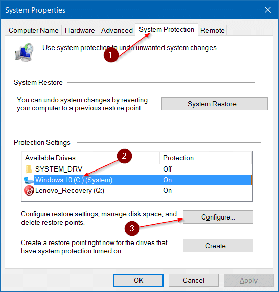 Haga que la restauraci贸n del sistema use menos espacio en disco en Windows 10 paso 3