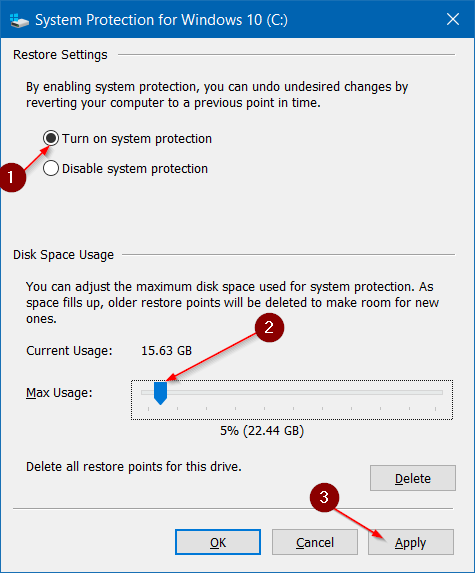 Haga que la restauración del sistema use menos espacio en disco en Windows 10 paso 4