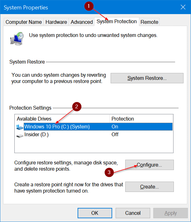 eliminar puntos de restauración en Windows 10 pic2