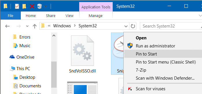 corregir la herramienta de recorte que falta en el menÃº Inicio de Windows 10 pic3