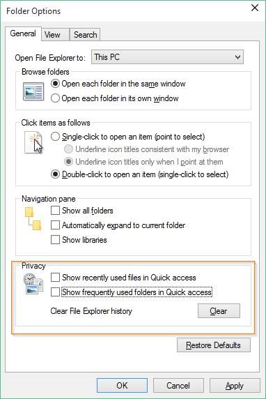 Deshabilitar el acceso rápido en la imagen 3 de Windows 10
