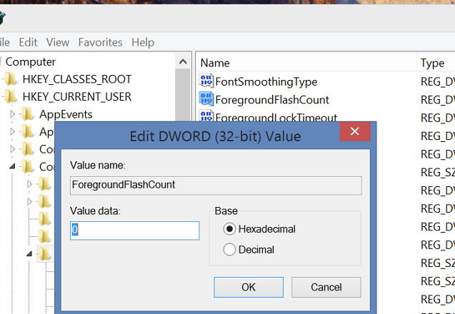 Configuración de Regedit ForegroundFlashCount en Windows 8.1
