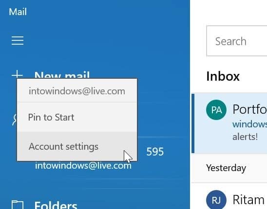 eliminar una cuenta de correo electrónico de la aplicación Mail en Windows 10 pic1