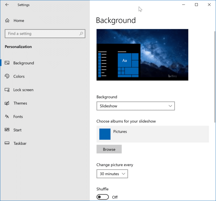 Habilitar presentación de diapositivas de fondo de escritorio en Windows 10 pic1