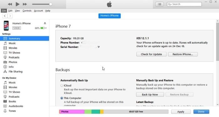 copia de seguridad del iPhone en un disco duro externo usando iTunes Windows 10 pic01
