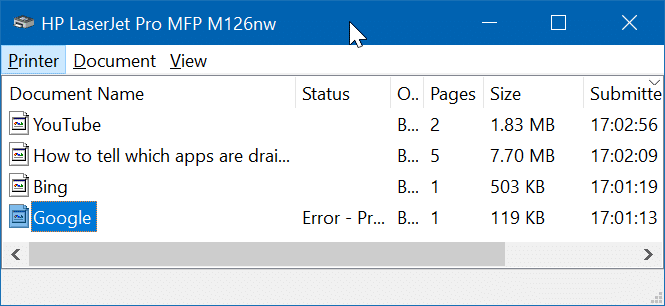 eliminar documentos de la cola de impresión en Windows 10 pic01