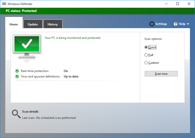 Microsoft Security Essentials en Windows 10
