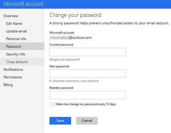 Cambiar la contraseña de la cuenta de Outlook Step2