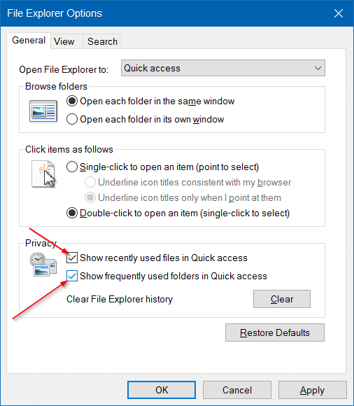 Borrar el historial de acceso rápido en Windows 10 Paso 8