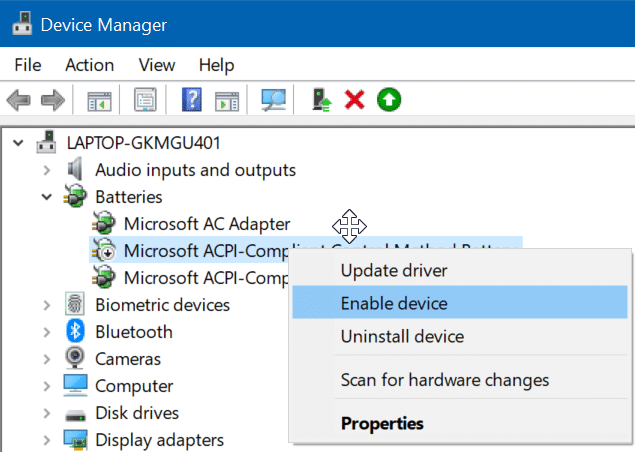 El icono de la batería está atenuado en la configuración de Windows 10 (1)