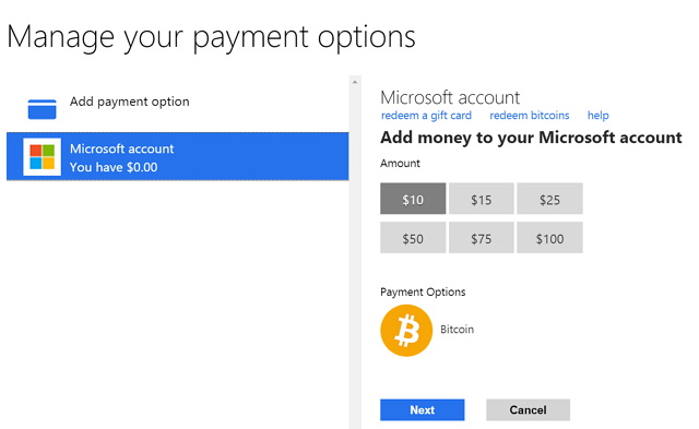 Opción de pago de cuenta de Microsoft