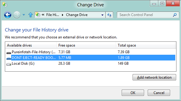 Cambiar el historial de archivos de la unidad - Windows 8