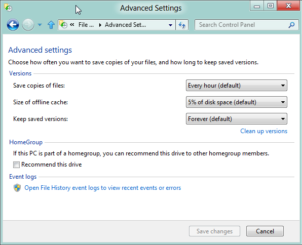Configuración avanzada Historial de archivos de Windows 8