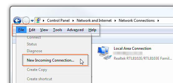 Windows 7 - Menú oculto de VPN - Nueva conexión entrante