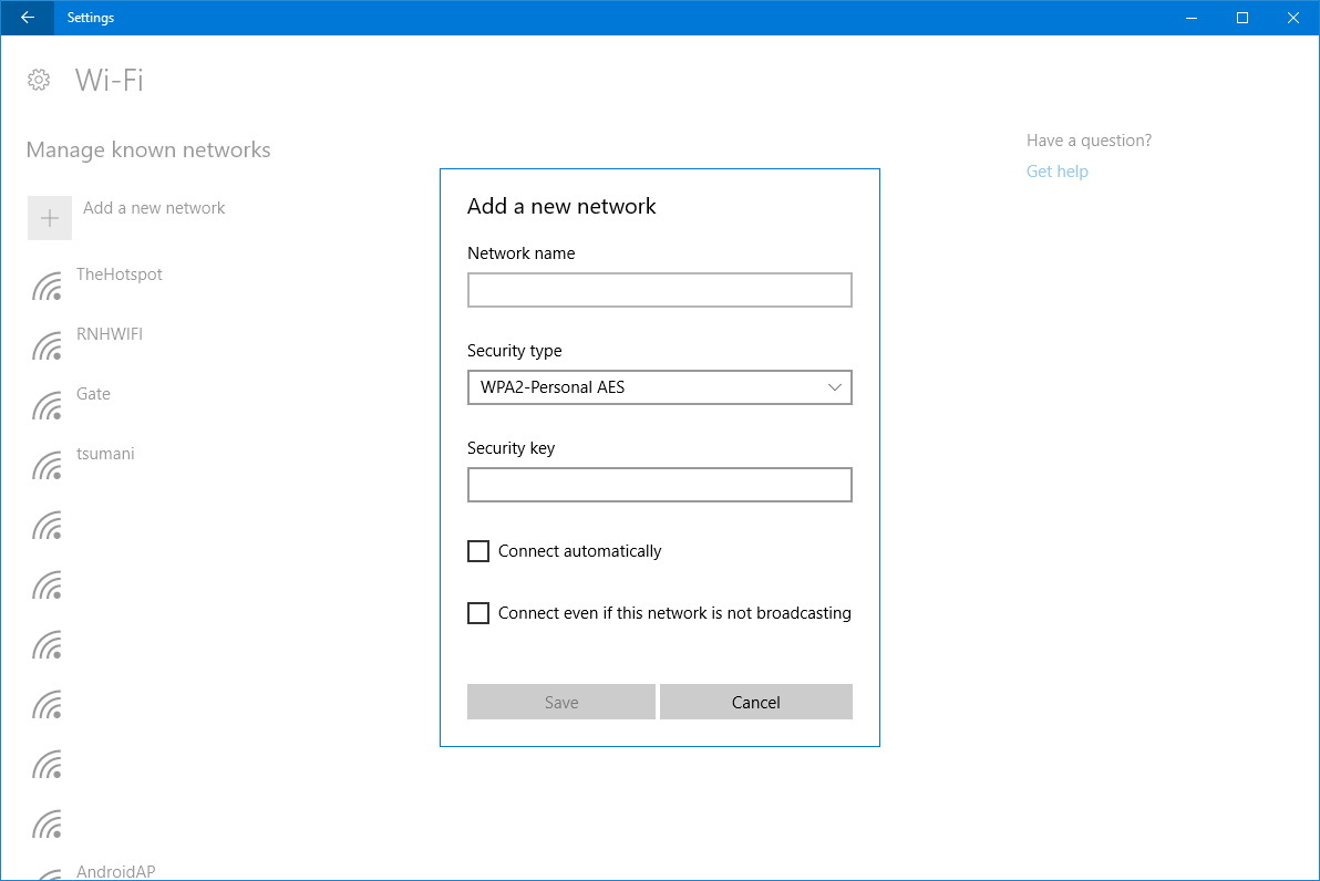 Agregar nueva configuración de red en Windows 10