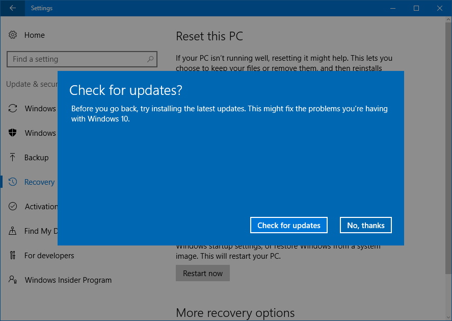 Paso: busque actualizaciones antes de desinstalar Windows 10 Fall Creators Update