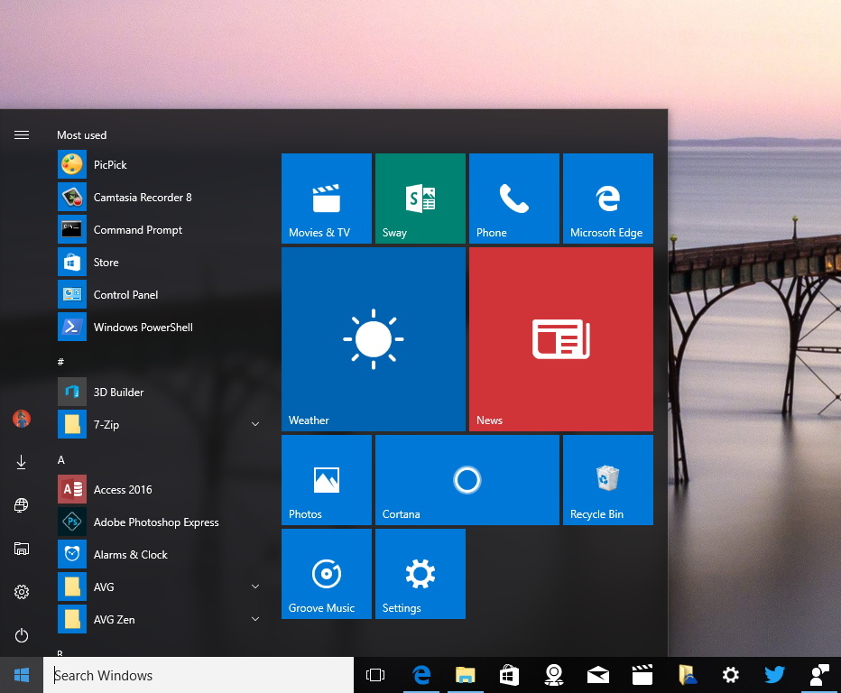 Nuevo menú de inicio de la actualización de aniversario de Windows 10