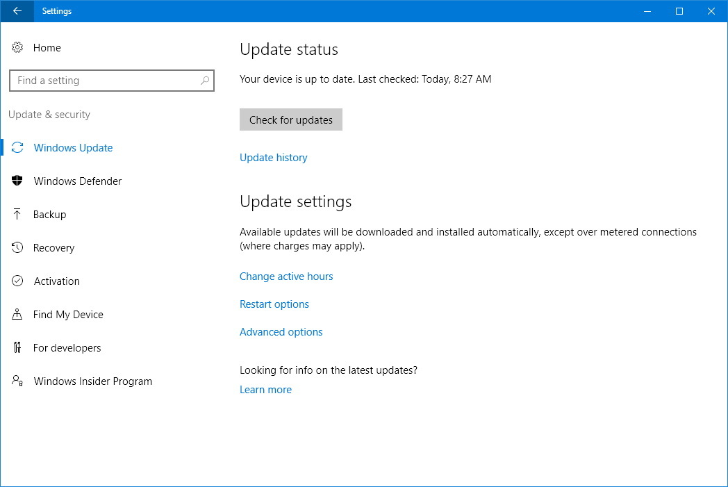 Configuración de Windows Update de Windows 10
