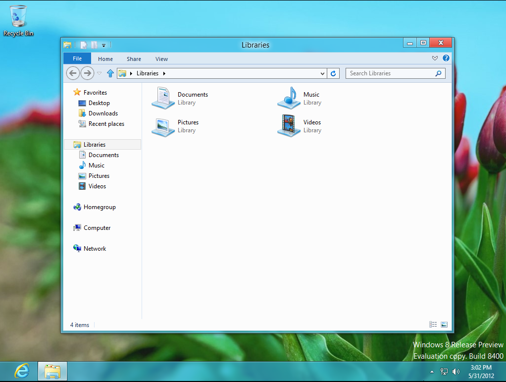 Vista previa de la versión 1 de Windows 8 de escritorio