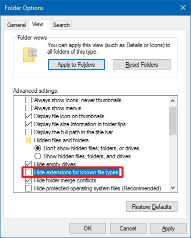 Mostrar extensiones para archivos conocidos en el Explorador de archivos