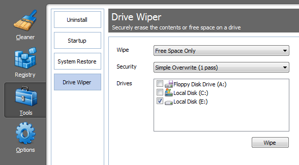CCleaner - Herramientas - Drive Wiper - Configuración