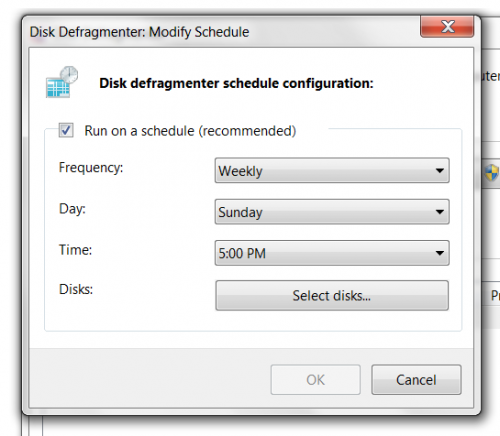 Sección de programación de modificaciones de Disk Deframenter
