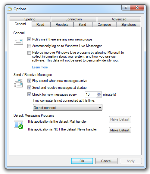 Windows Live Mail 2011: página Opciones generales